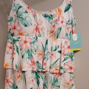 Tropical Floral One Piece Swimsuit - White and Green